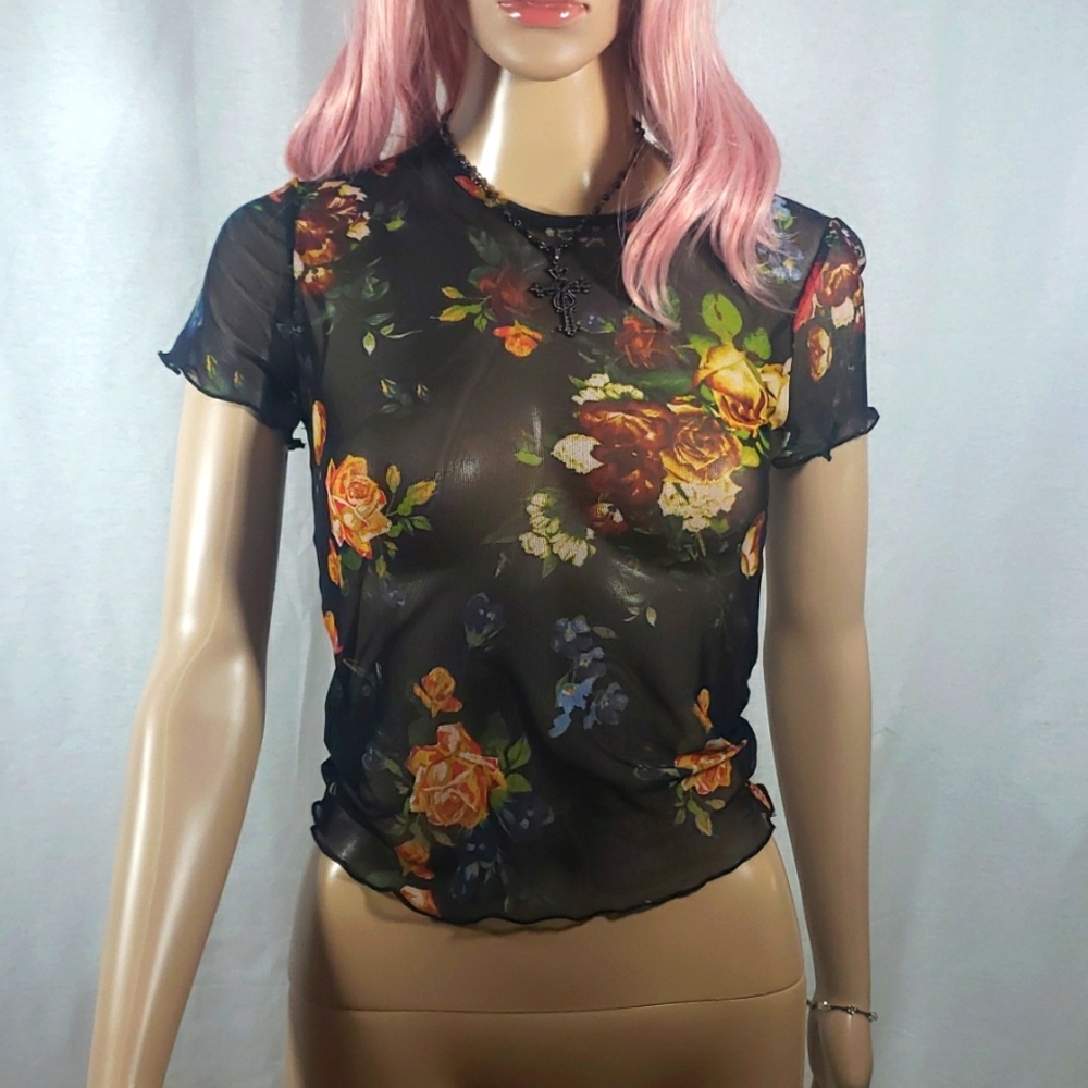 Gaze Women's Black Floral Short Sleeve Fitted Knit Shirt Size Small